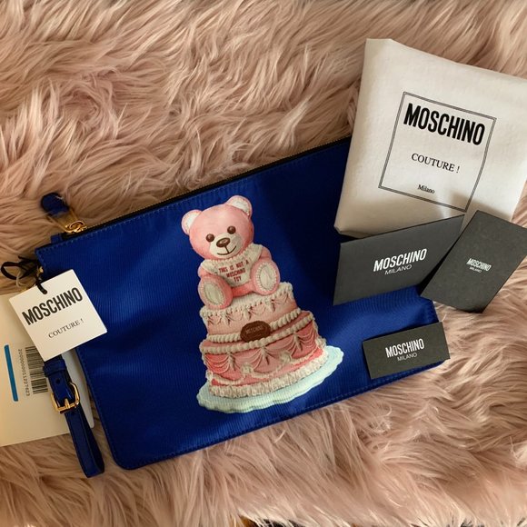 Moschino Bags Nwt Moschino Leather Trimmed Bear Printed Satin Twill Pouch Made In Italy
